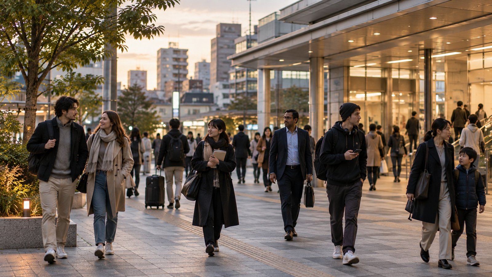 Different international learners moving naturally through contemporary Japan