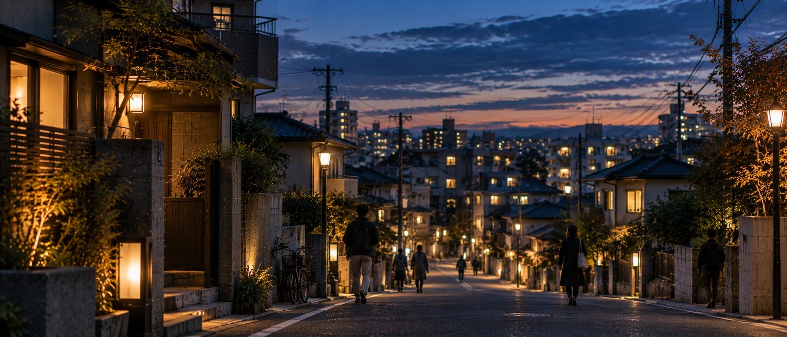 An international resident walking home through an ordinary Japanese neighbourhood at blue hour