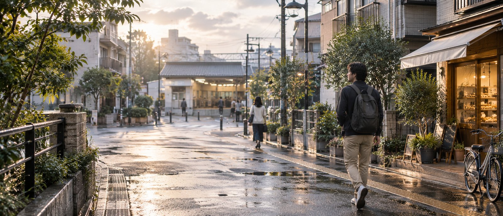An international adult beginning an ordinary morning in a Japanese neighbourhood