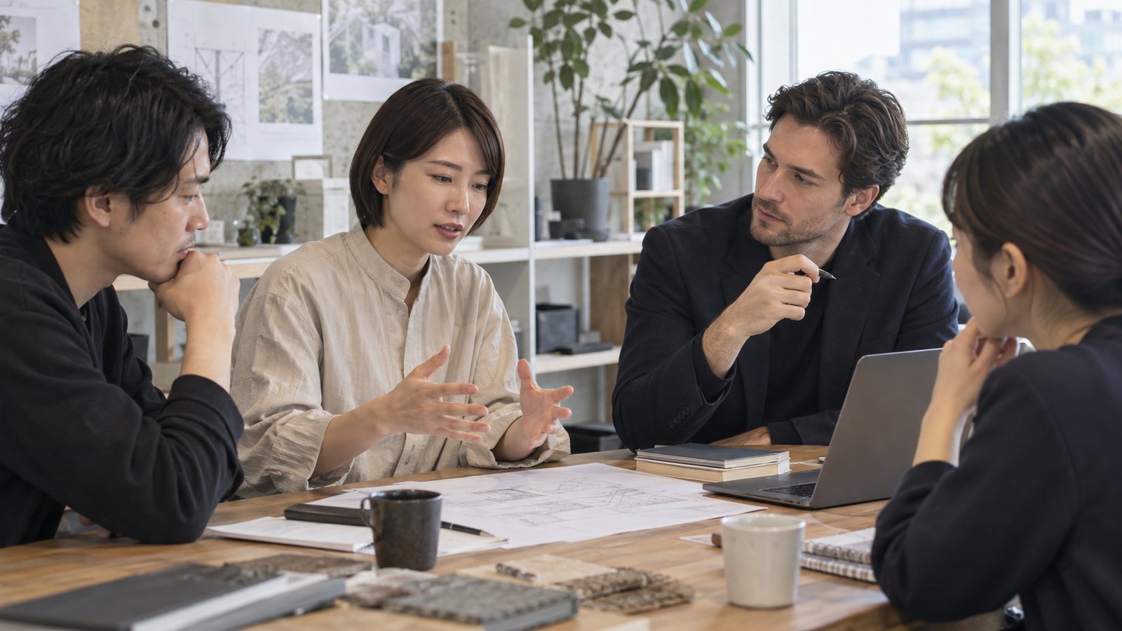International professional in a natural discussion with Japanese colleagues