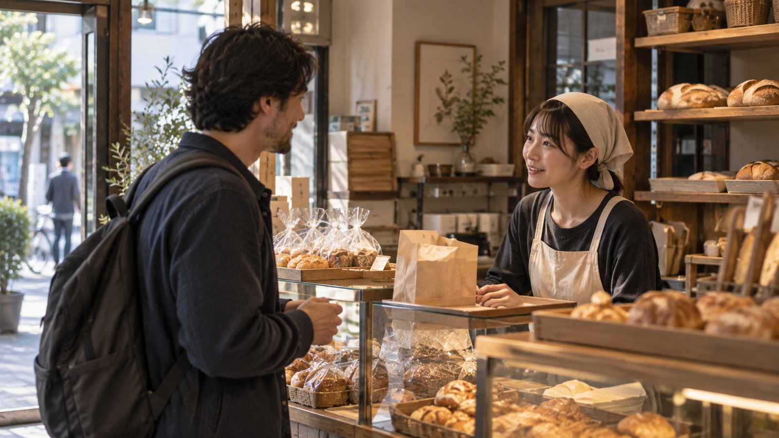 A first Japanese greeting inside a neighbourhood bakery