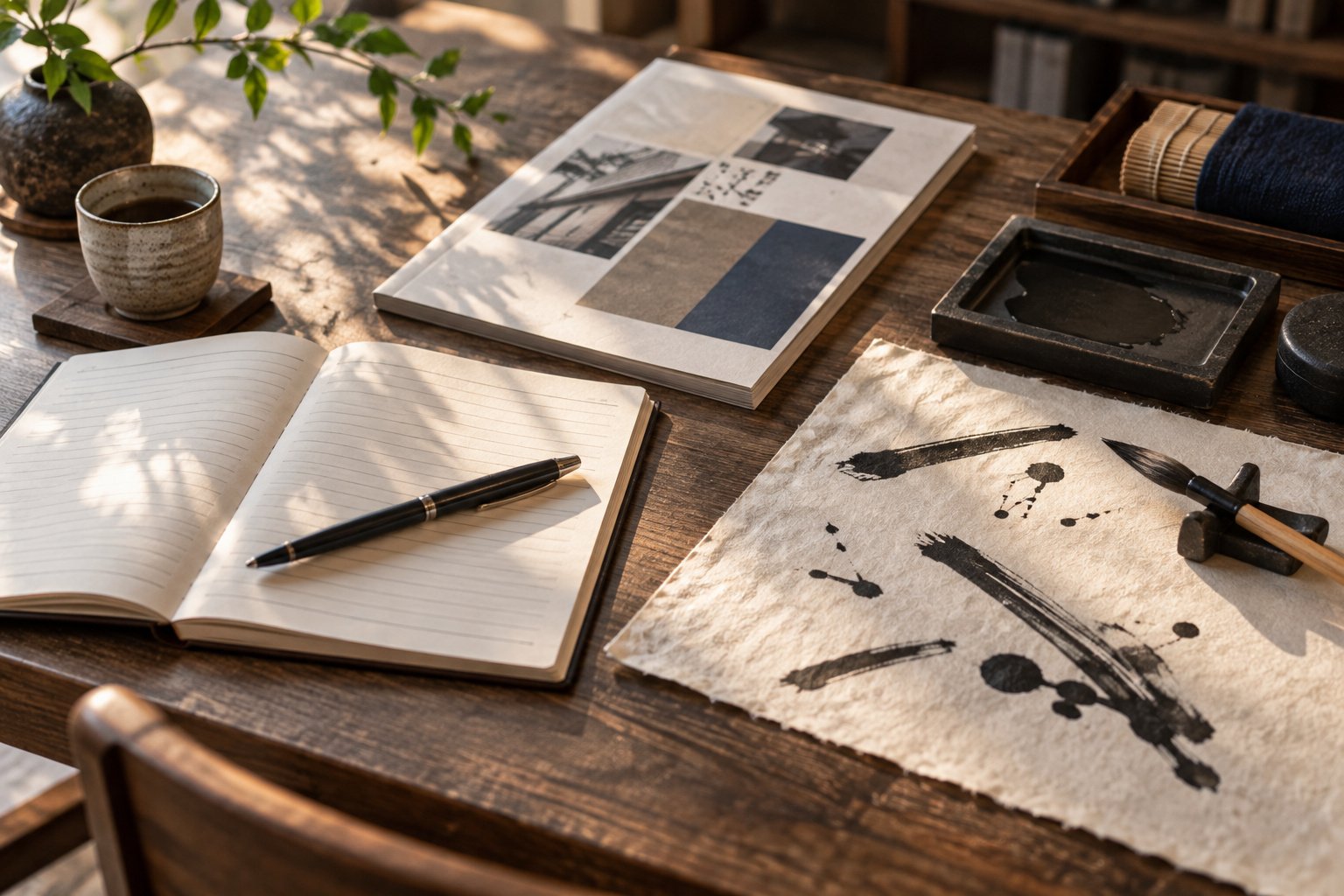 Writing materials suggesting the three Japanese writing systems