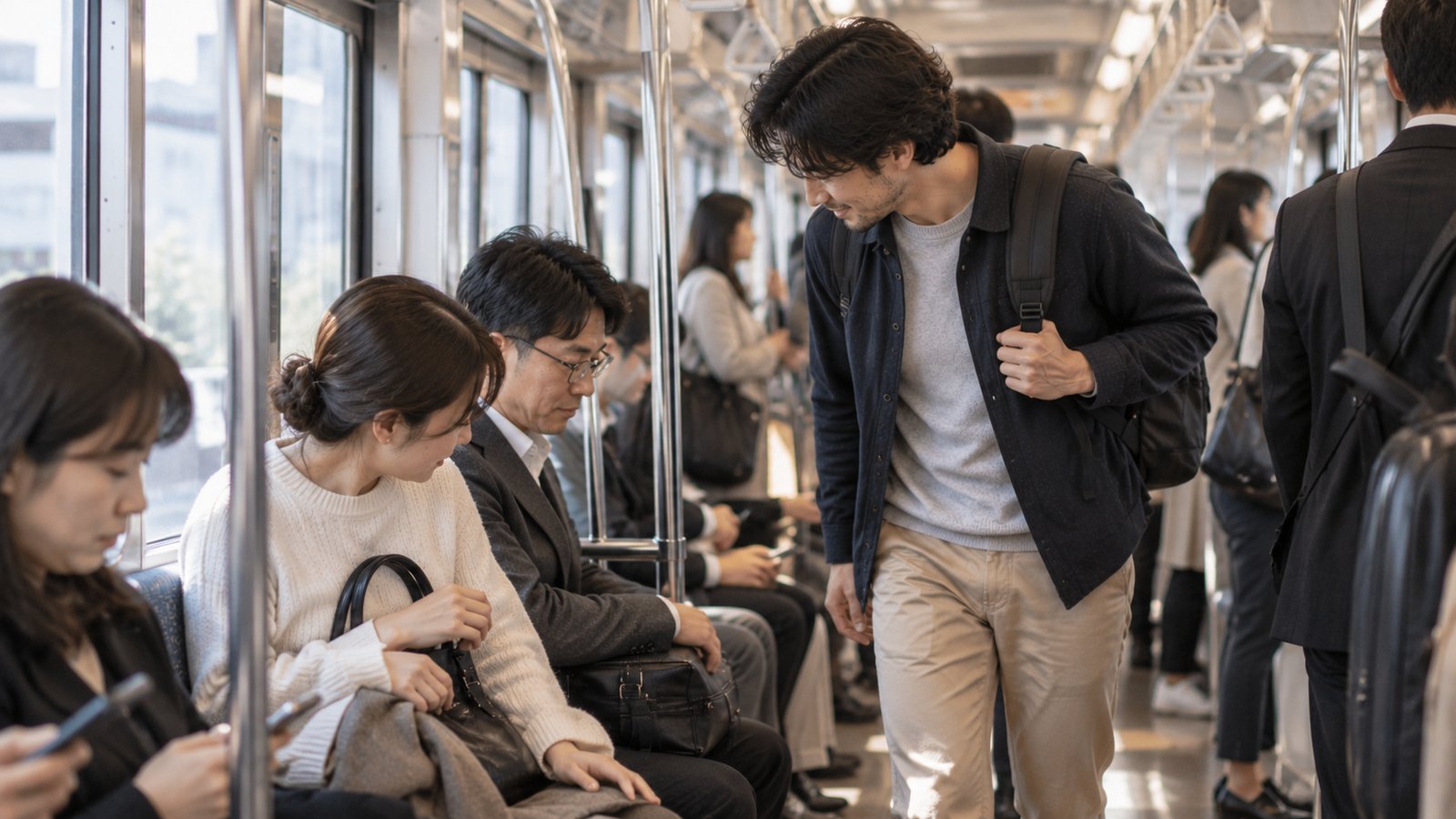 Politely making room to pass in a shared Japanese public space