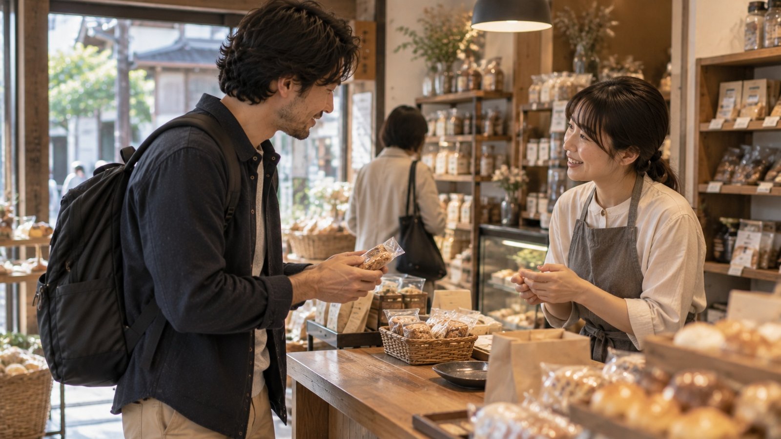 A short natural conversation in a neighbourhood Japanese shop