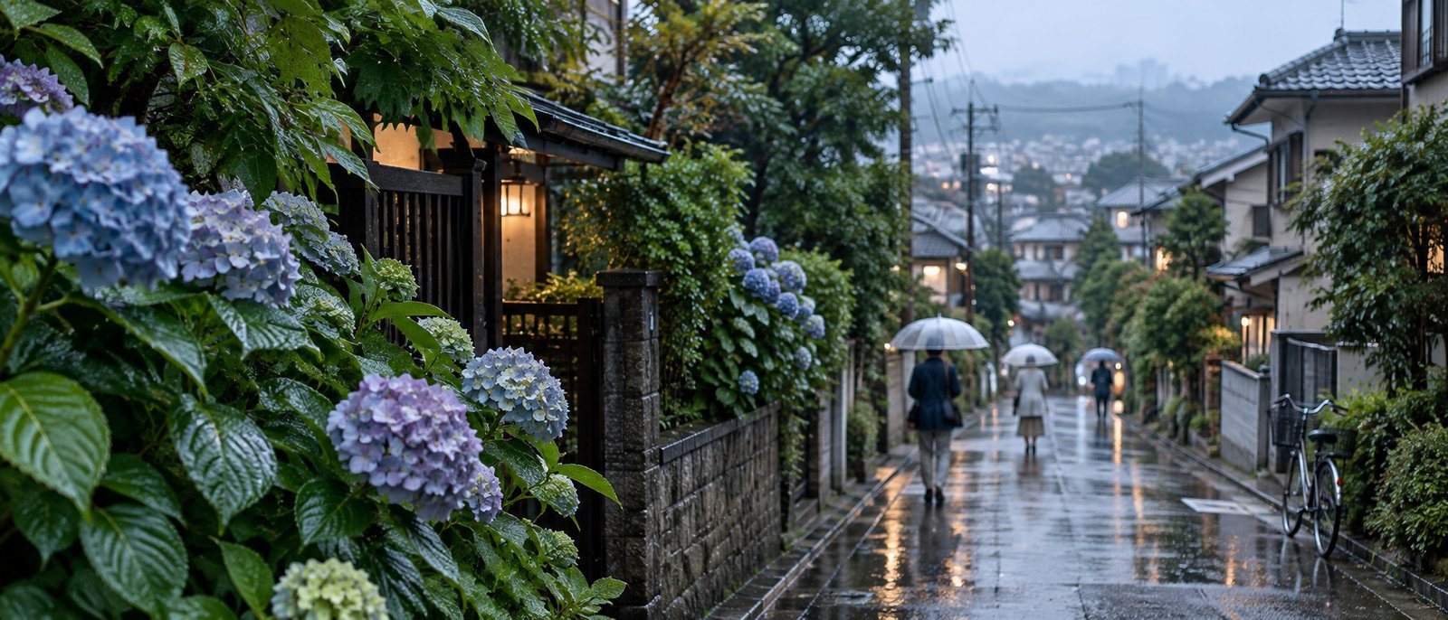 Everyday Japanese neighbourhood during the rainy season