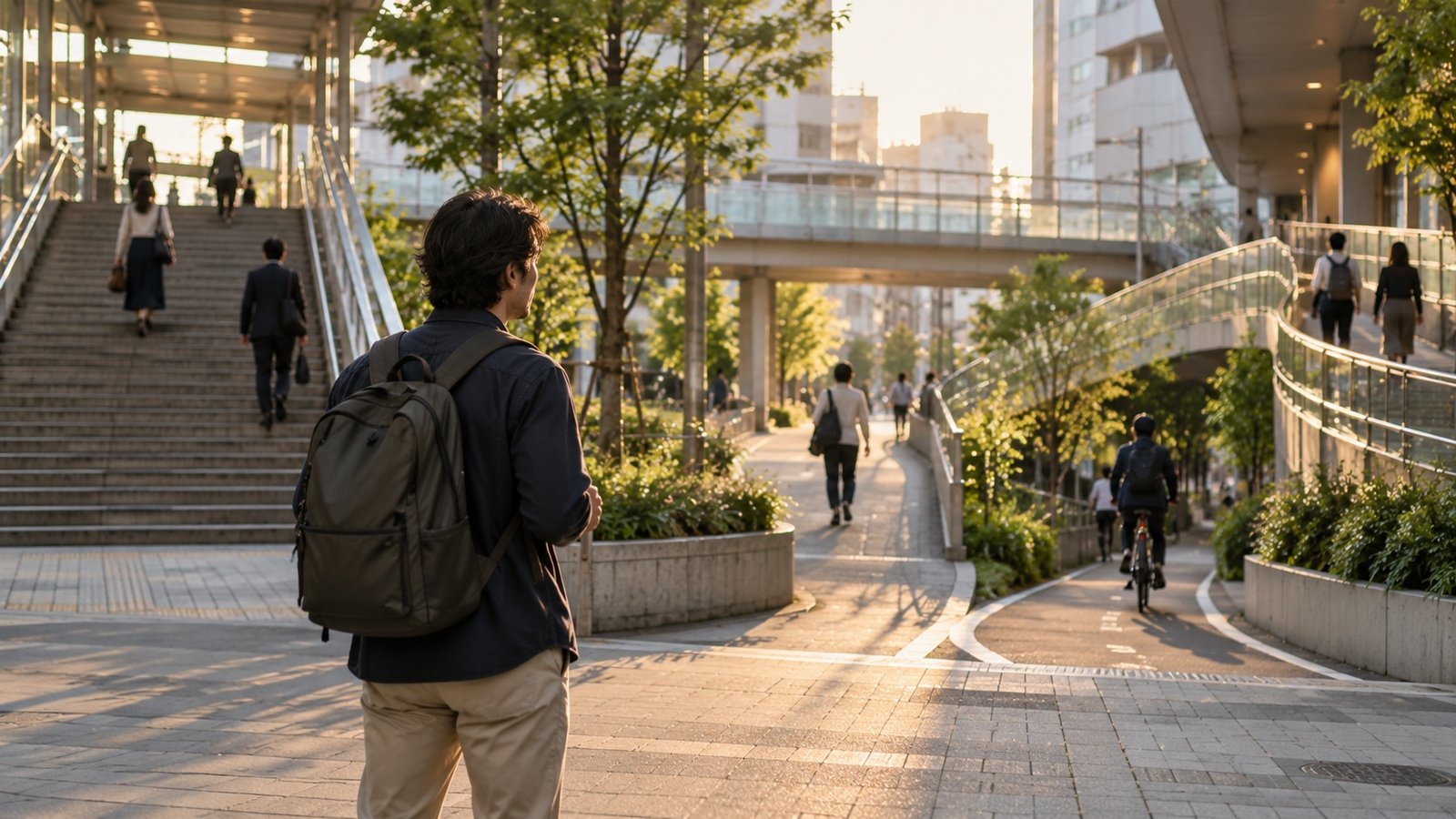An international adult choosing a path through an ordinary Japanese neighbourhood