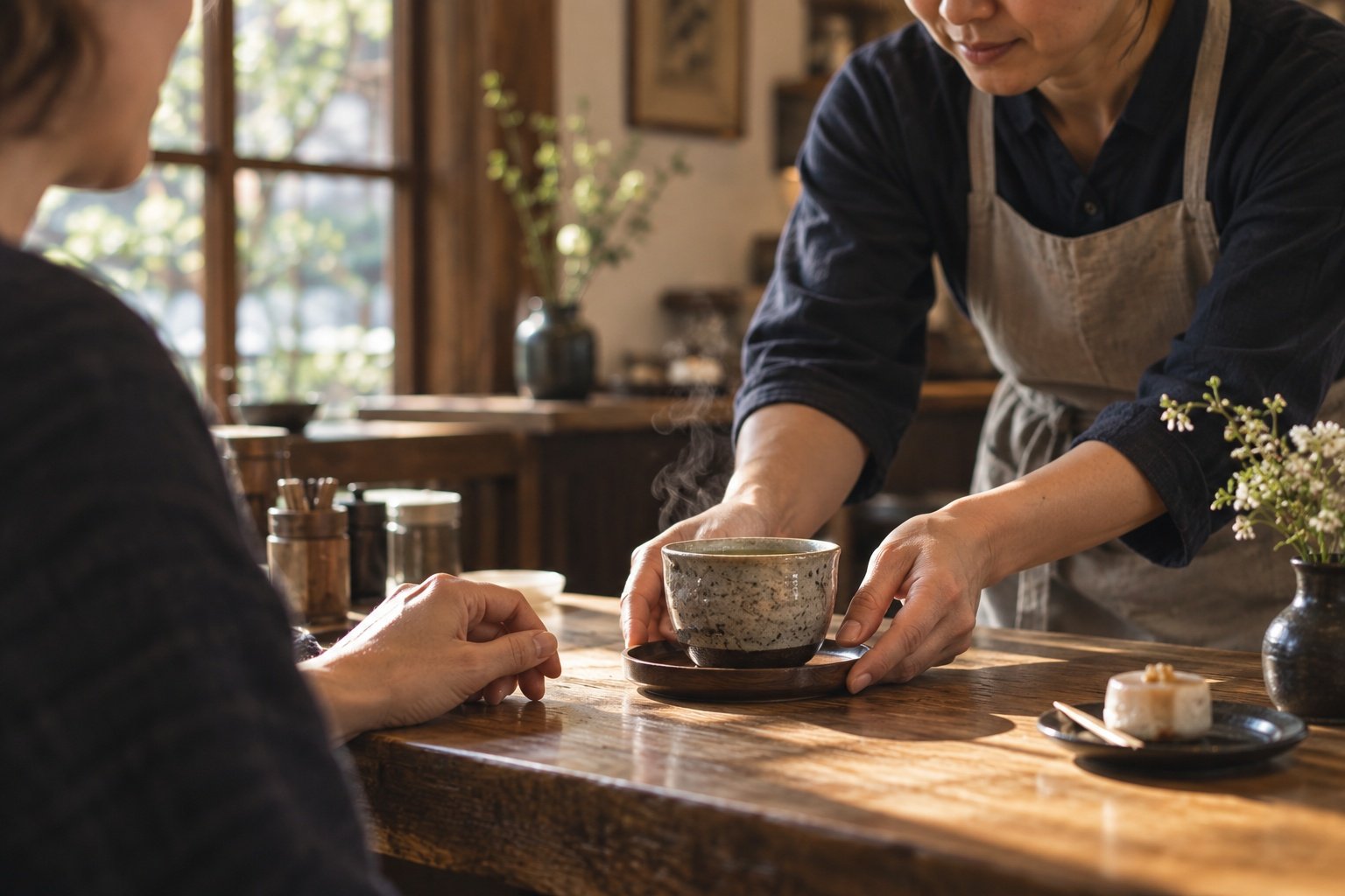 Tea arriving at a Japanese café table