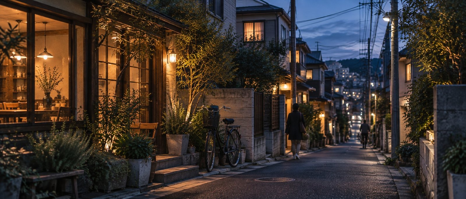 Quiet Japanese neighbourhood at blue hour after leaving a small café