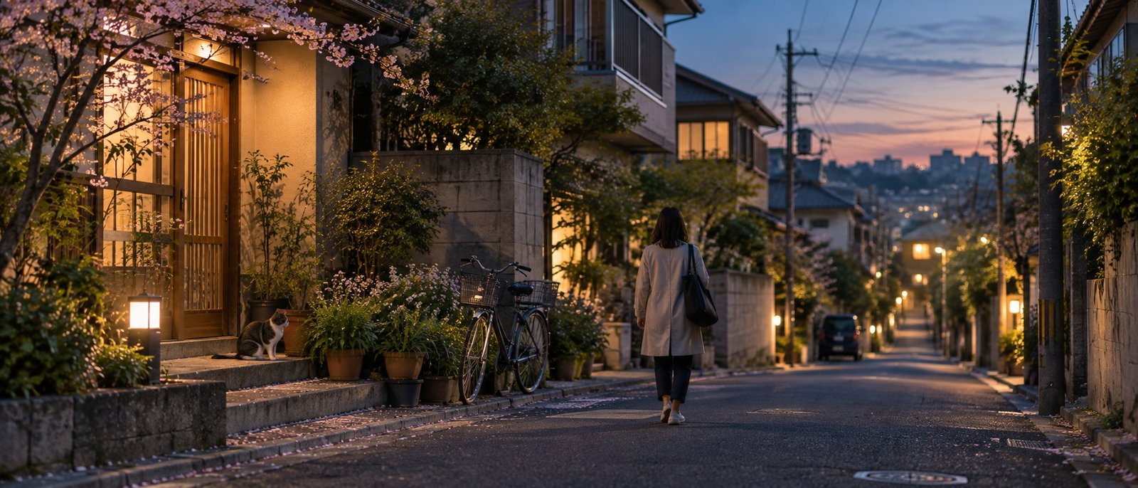 Quiet walk home through a Japanese neighbourhood at blue hour