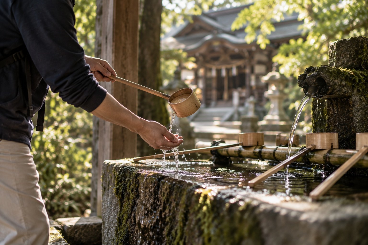 Hands using water at a shrine purification basin