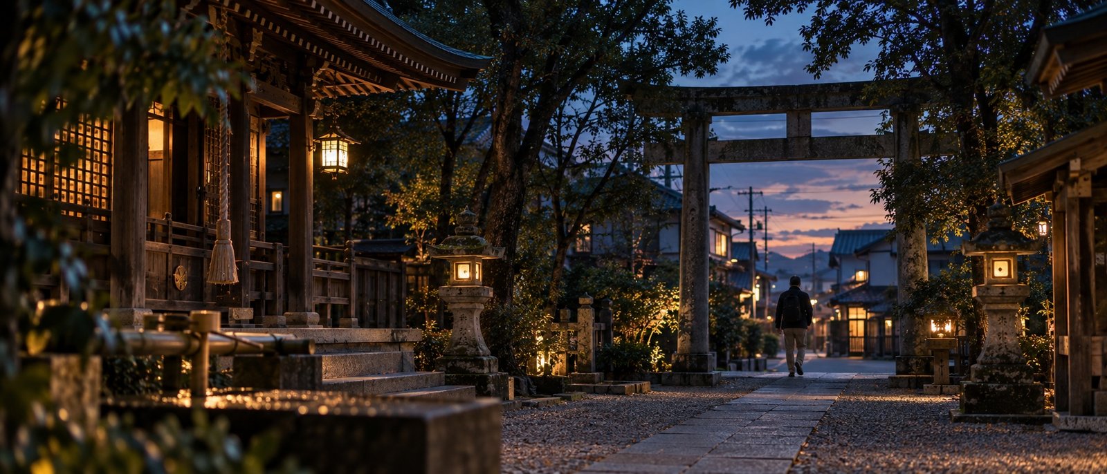 A quiet shrine or temple approach at blue hour