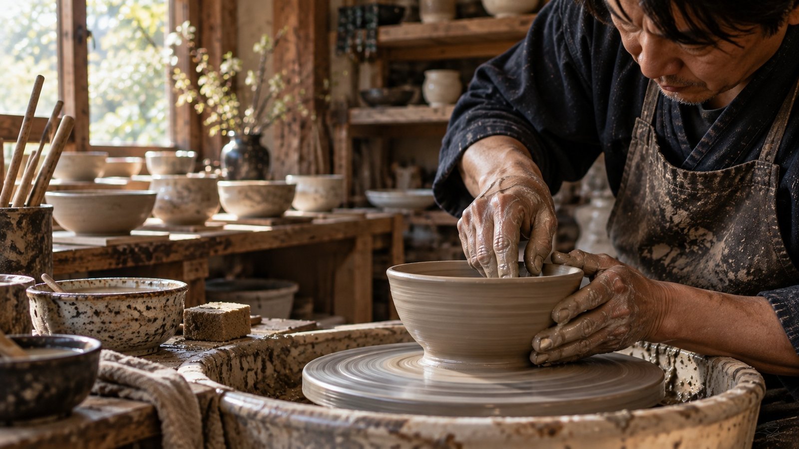 Japanese artisan shaping a handmade ceramic bowl