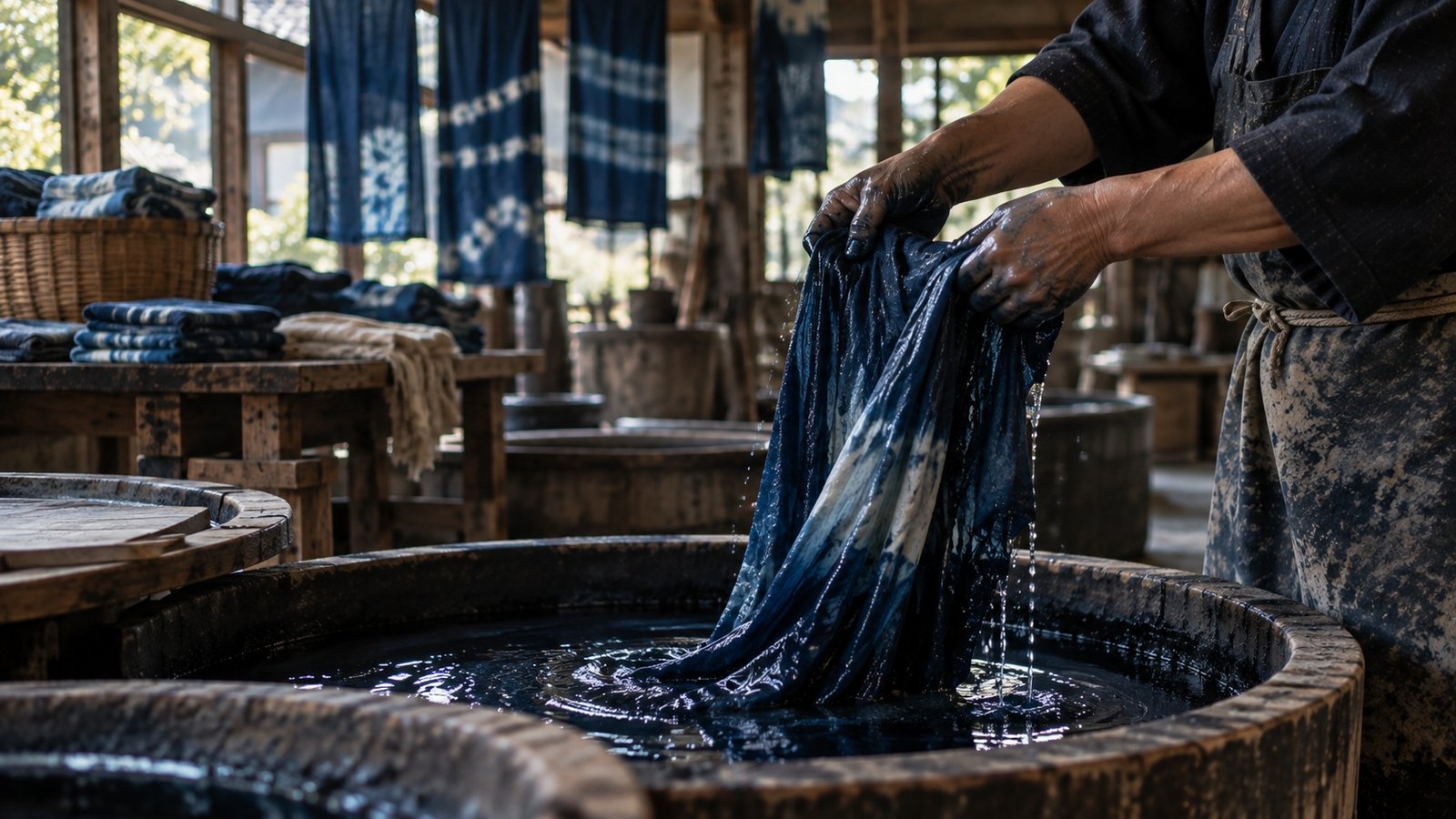 Aizome indigo dyeing in a Japanese workshop
