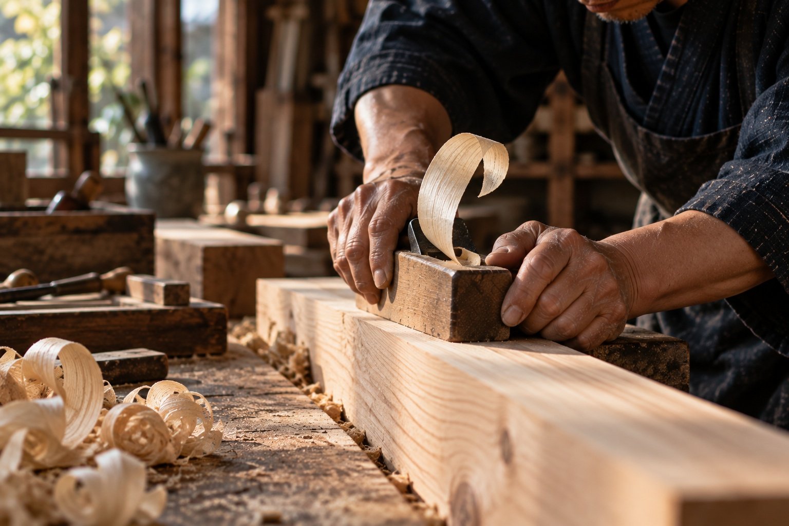 Japanese woodworker using a traditional plane