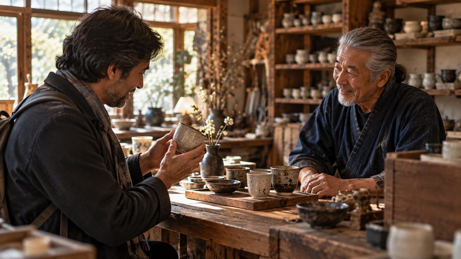 Visitor speaking with a Japanese artisan about a handmade object