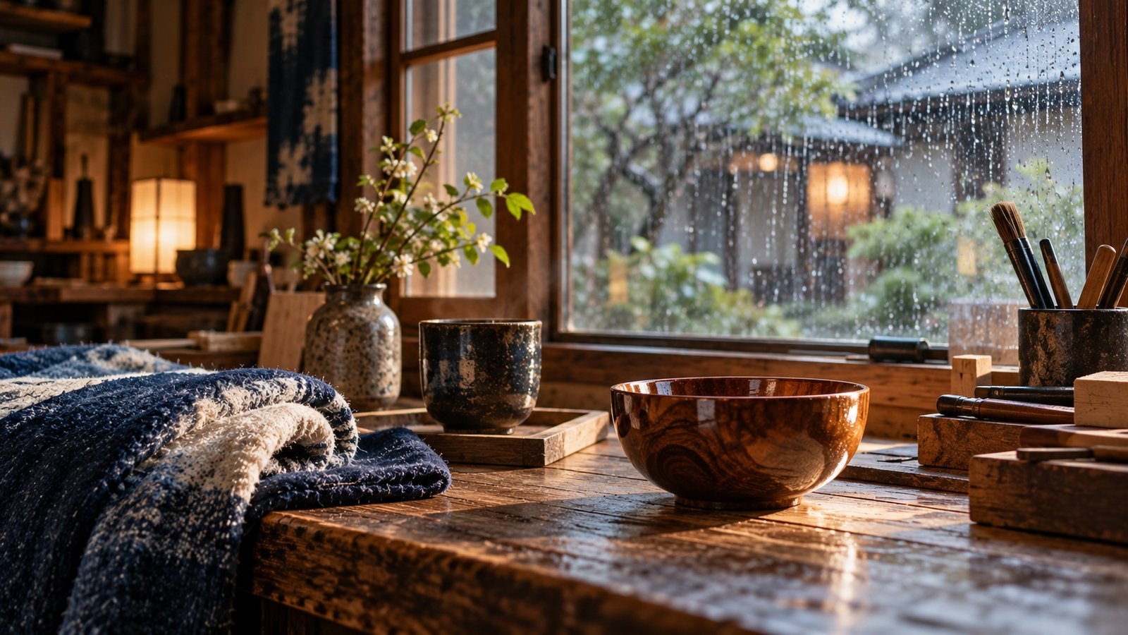 Japanese interior suggesting texture, shine and sound