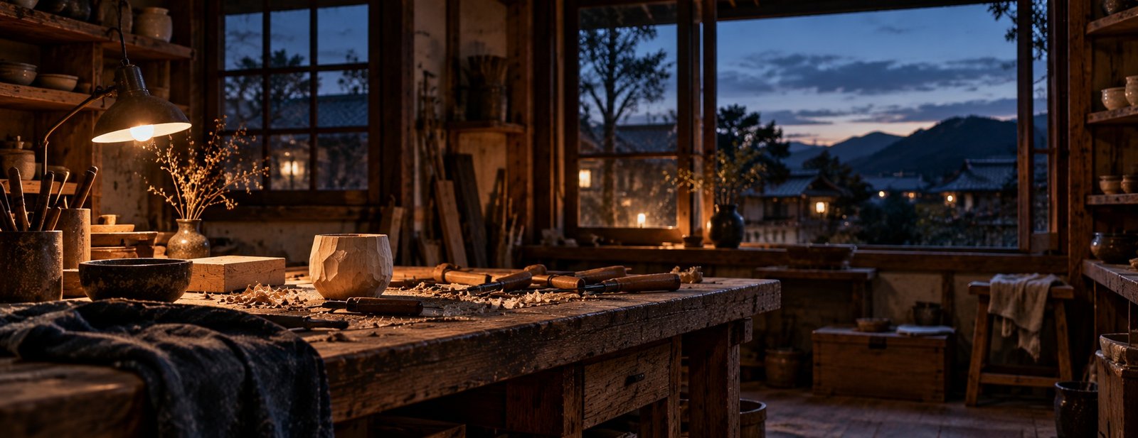 Quiet Japanese artisan workshop at blue hour