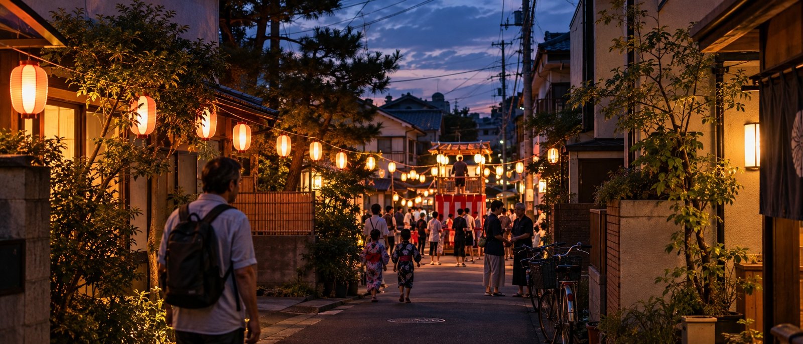 A neighbourhood Japanese summer festival beginning at dusk