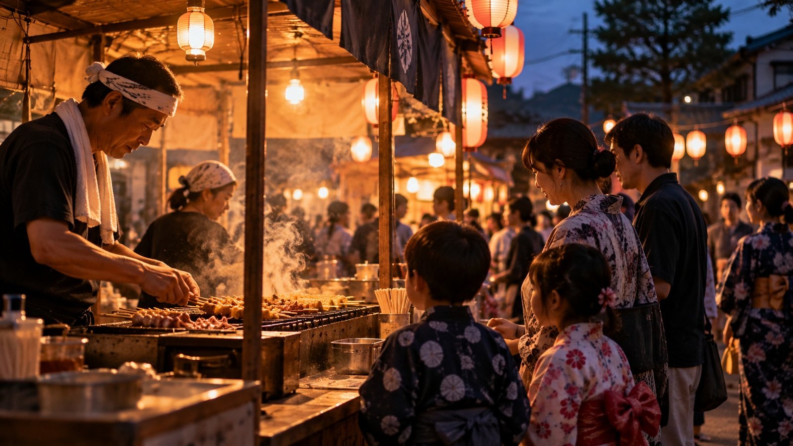 Festival food stall with steam and people waiting