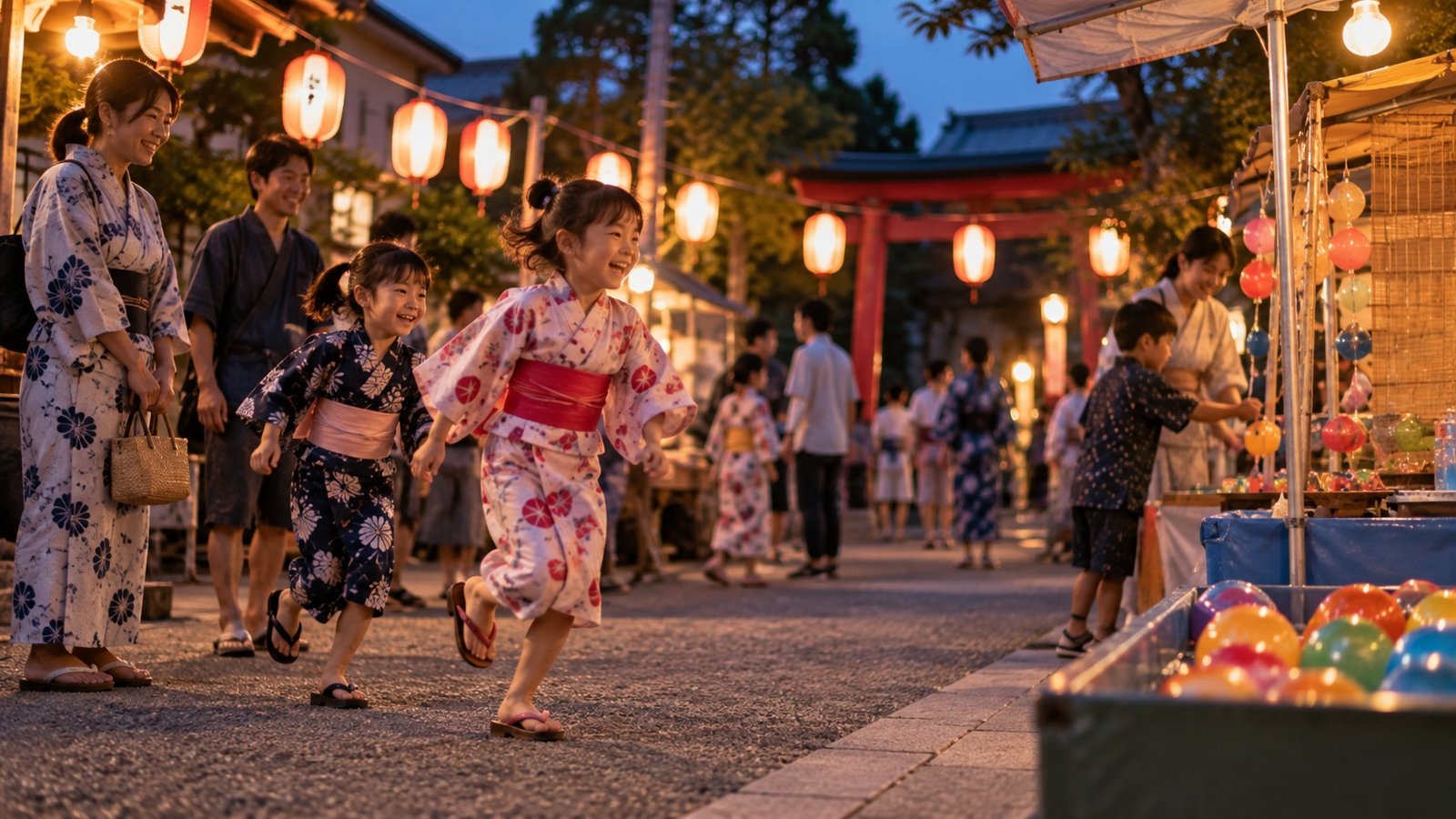 Children moving excitedly at a neighbourhood summer festival