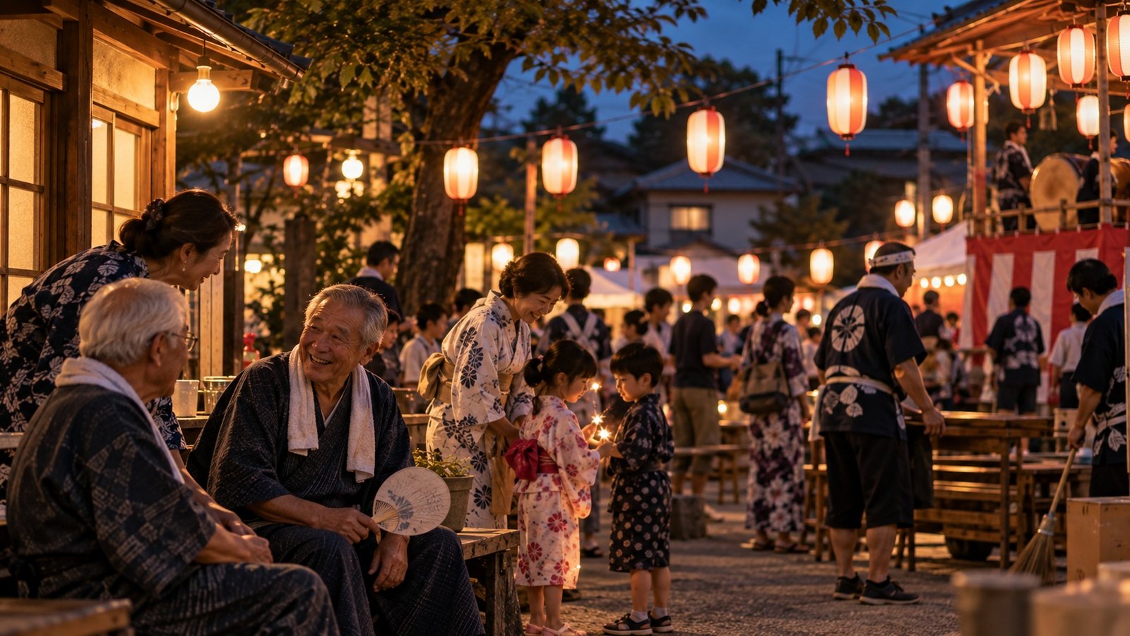 Several generations sharing a neighbourhood matsuri