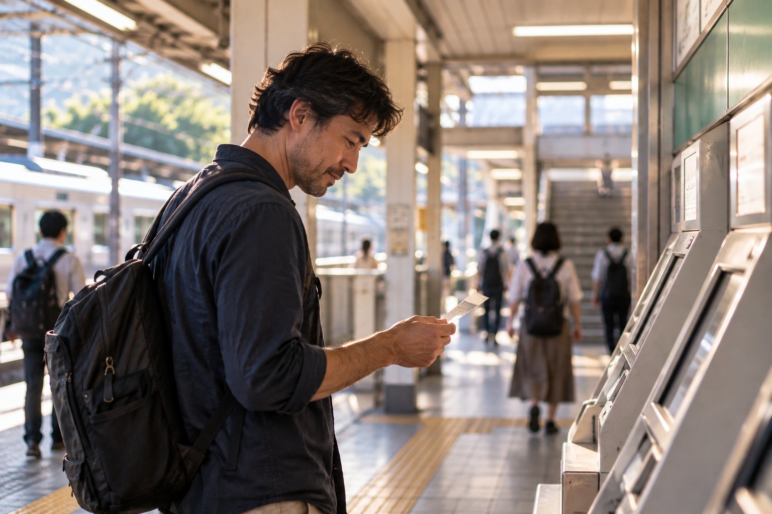 A traveller handling a railway ticket at a local station