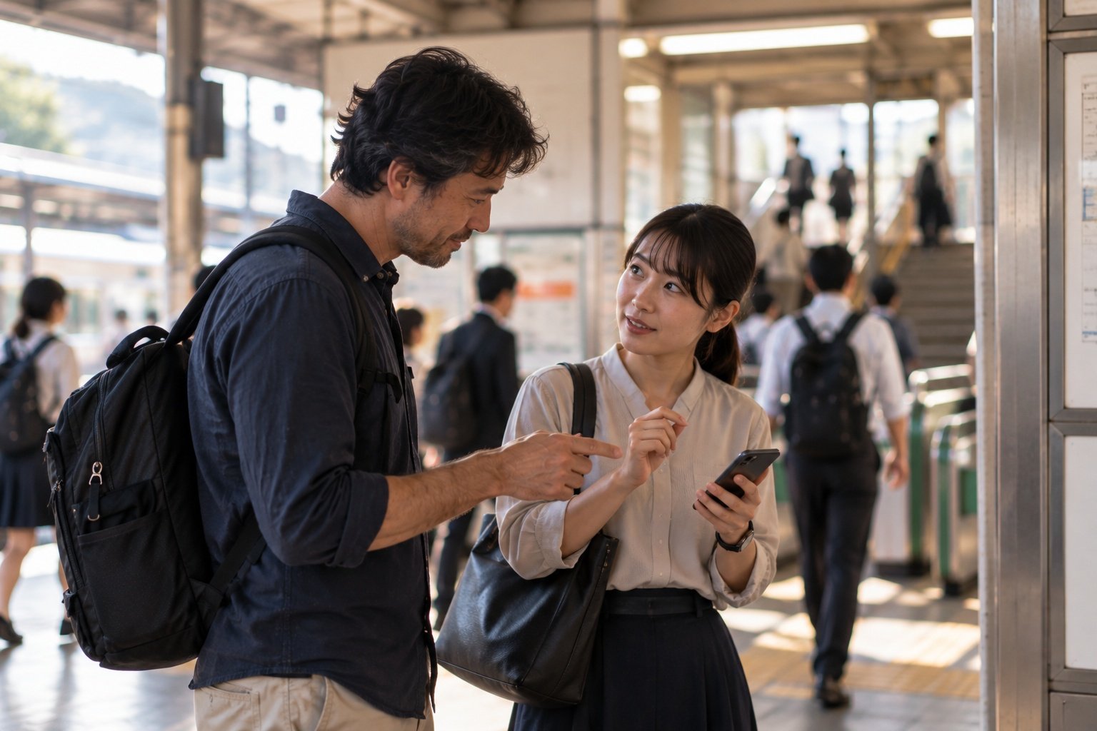 A polite conversation near an ordinary Japanese station