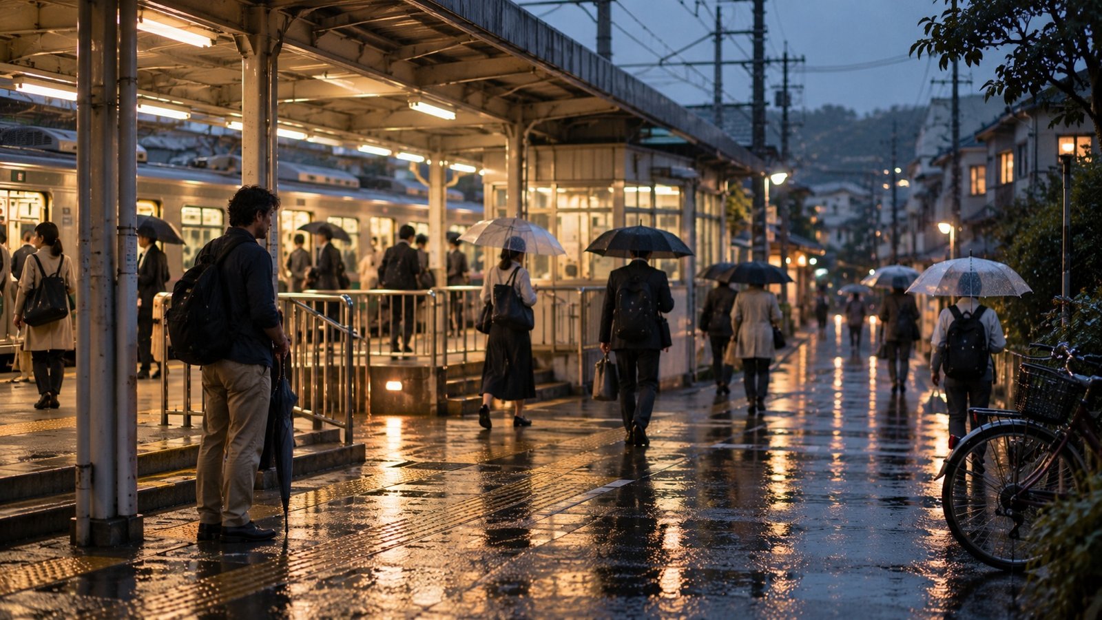 Commuters leaving a suburban station in evening rain