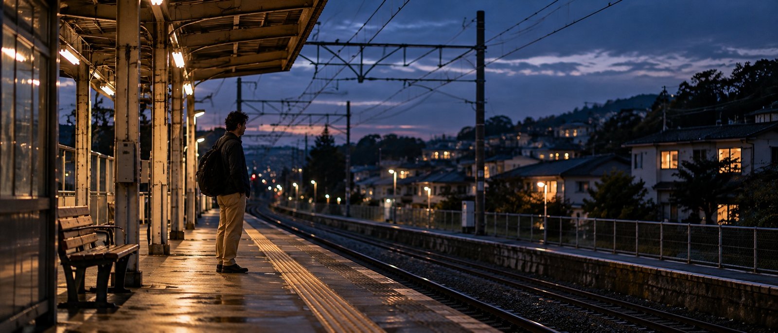 A quiet suburban railway platform at night