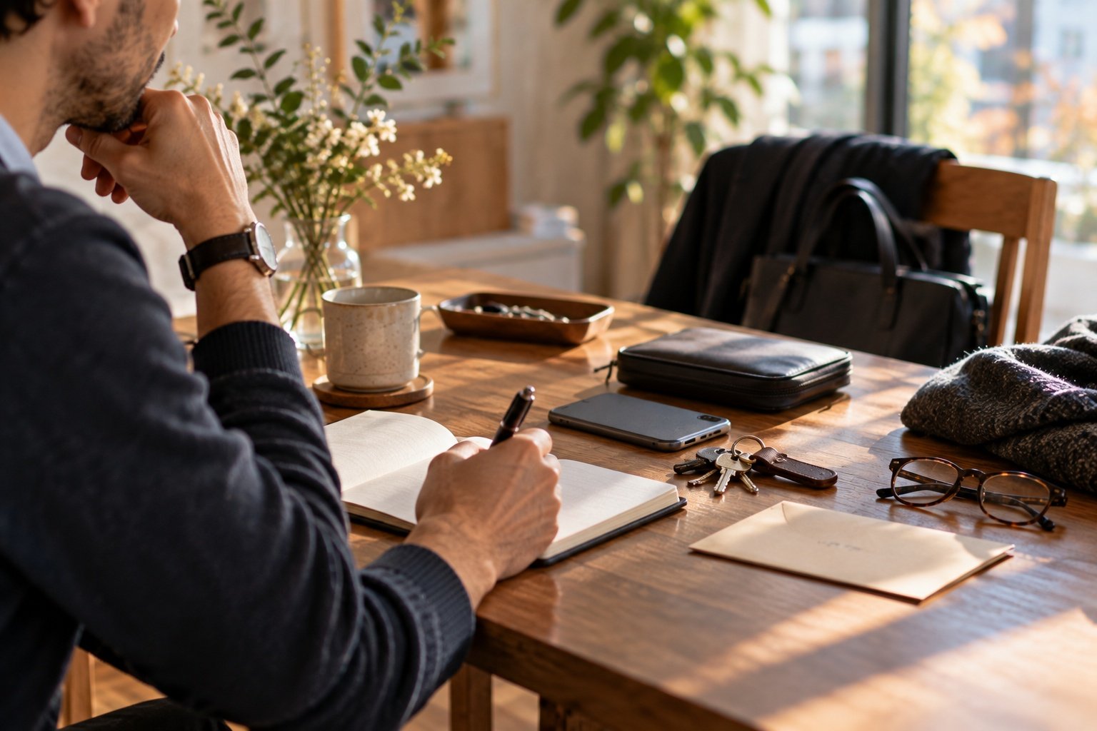 Desk prepared for an upcoming date with unreadable planner