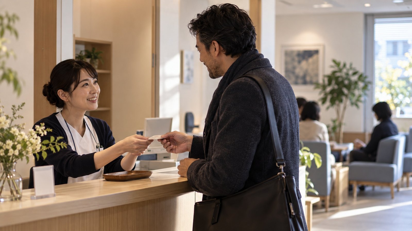 International adult confirming an appointment at a Japanese reception