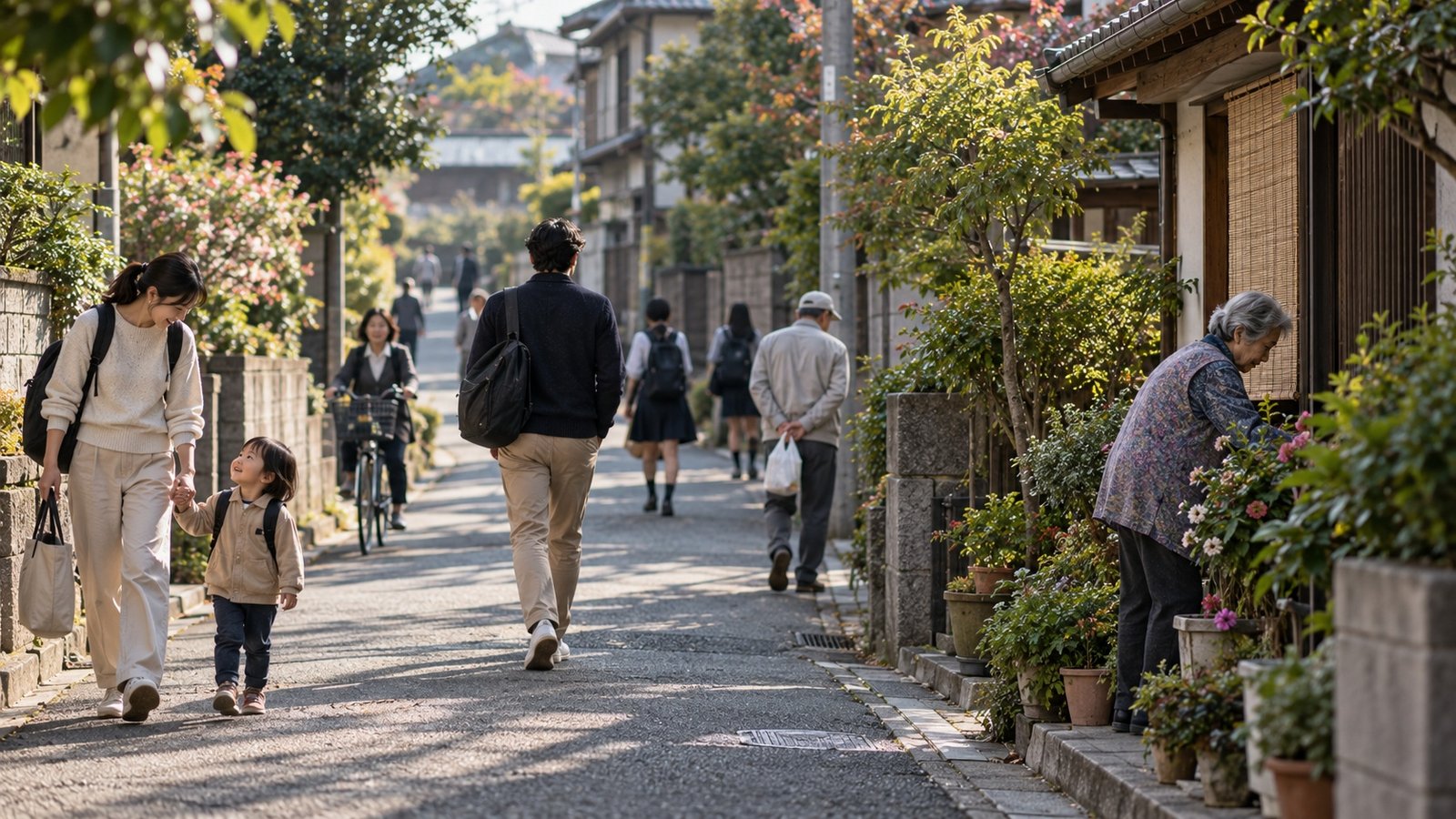 Different generations in an ordinary Japanese neighbourhood