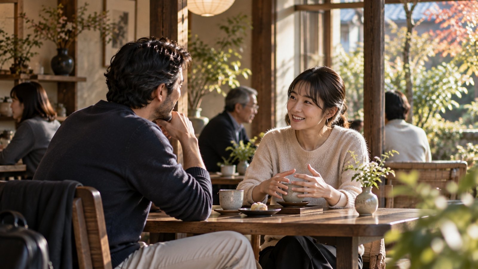 Two adults having a comfortable conversation in Japan