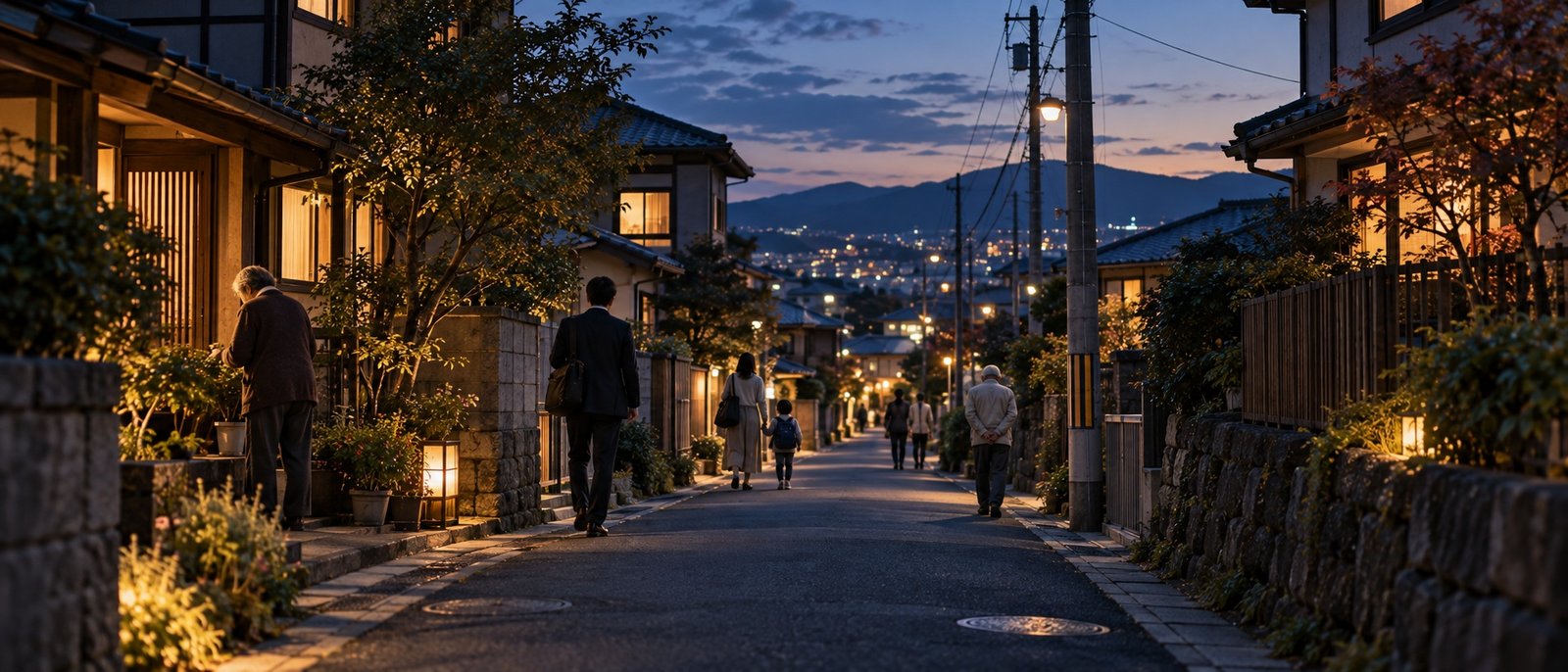 People of different generations moving through a Japanese neighbourhood at blue hour