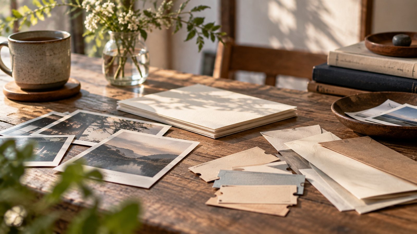 Paper photographs and ticket-like cards on a table