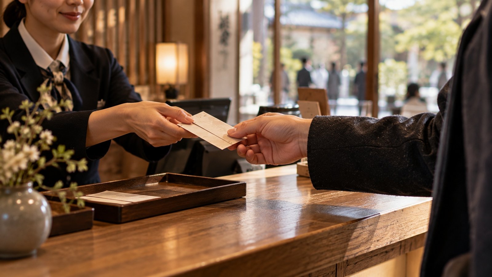 Two ticket-like cards being exchanged at a counter
