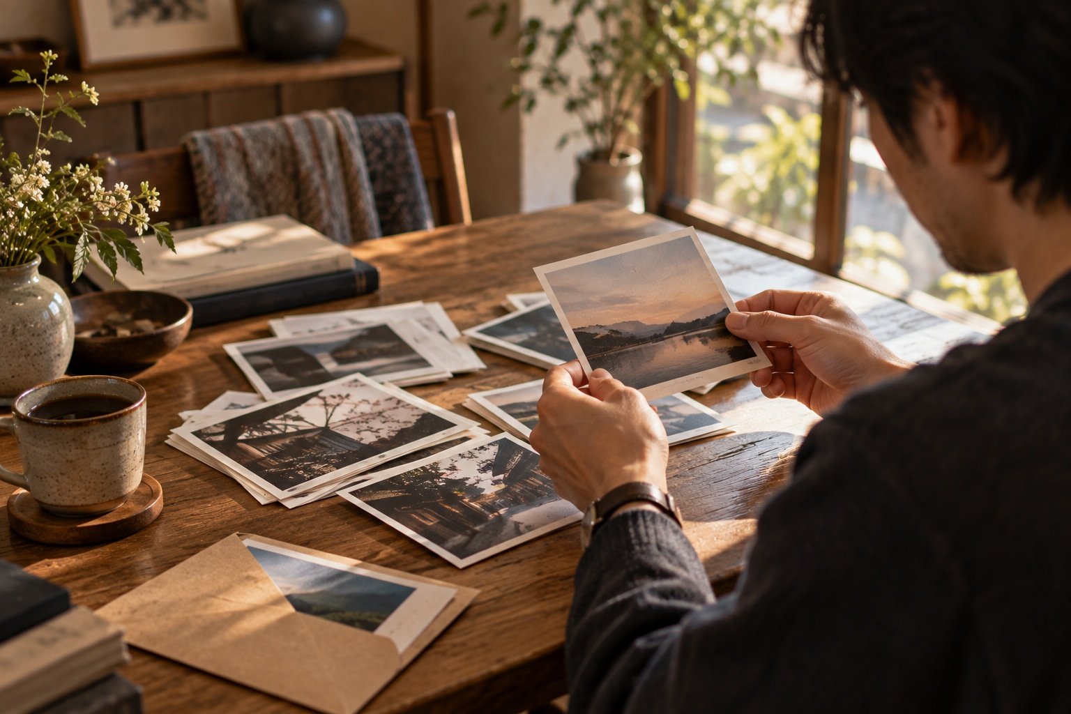 Adult looking through physical photographs at home