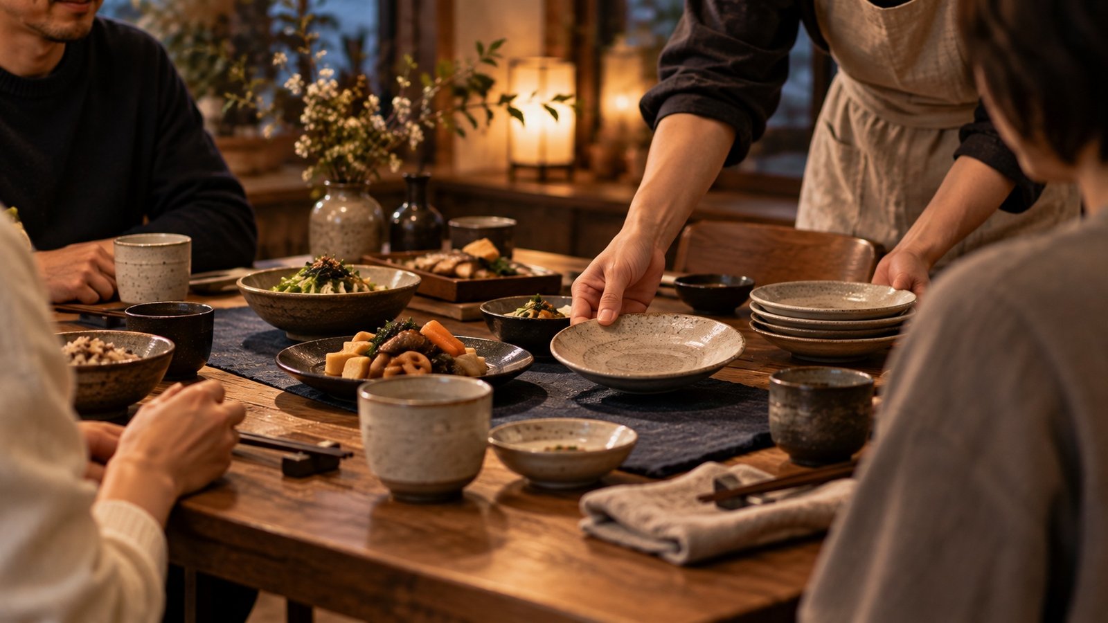One more plate being placed on a shared dining table