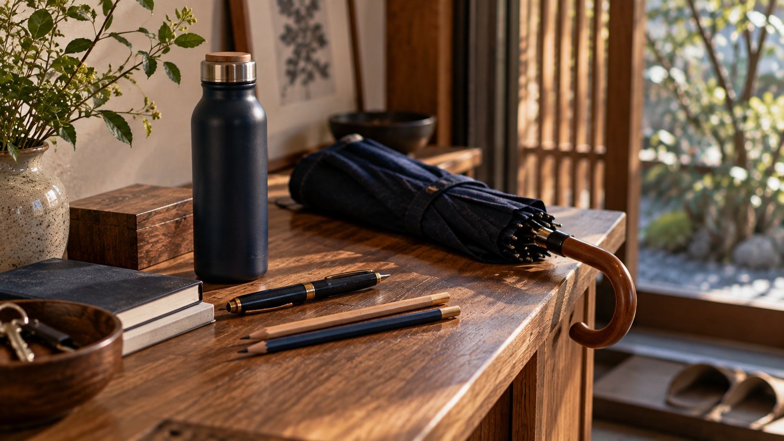 Pens pencils umbrella and bottle creating a visual rhythm