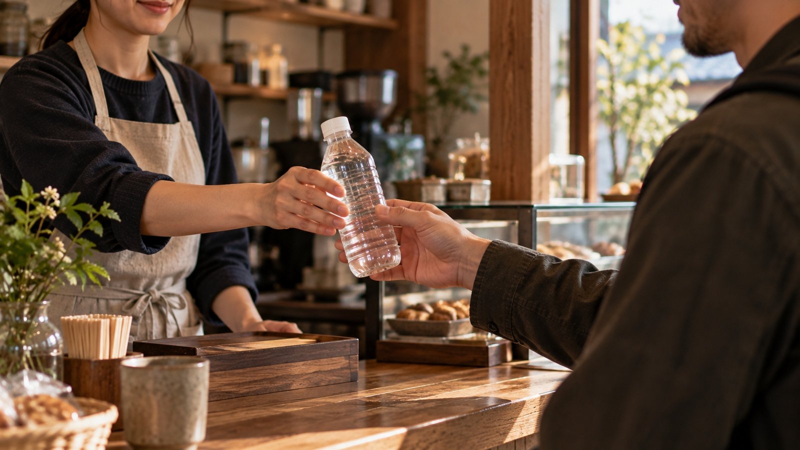 One plain bottle being handed to a customer