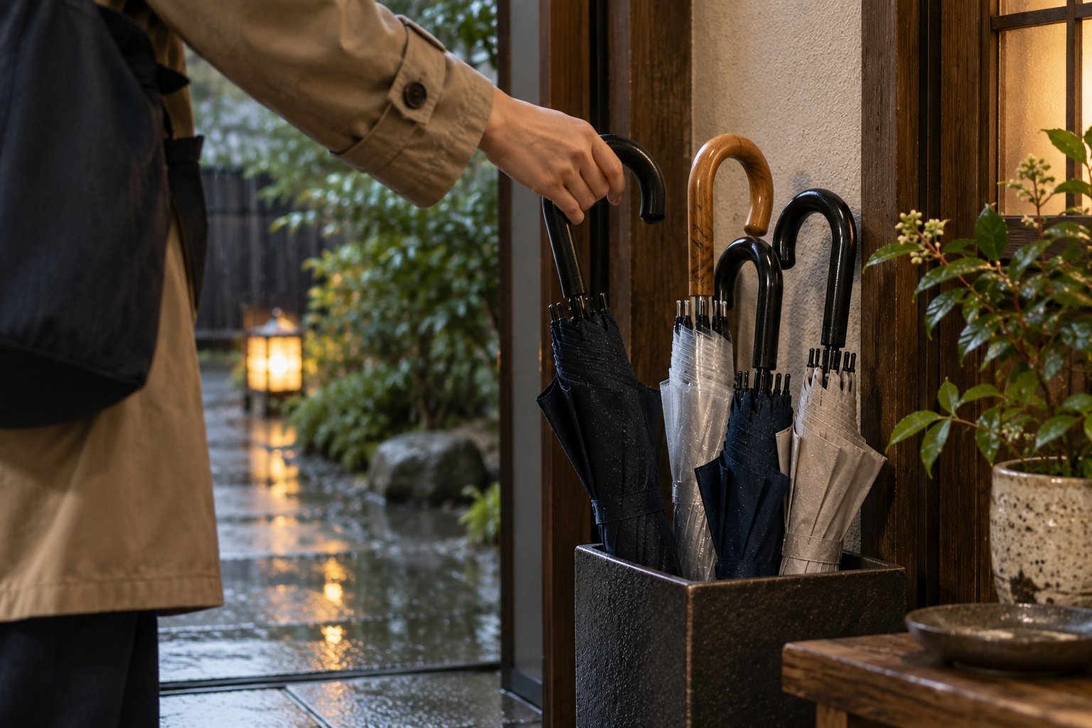 Several umbrellas at an ordinary Japanese entrance on a rainy day