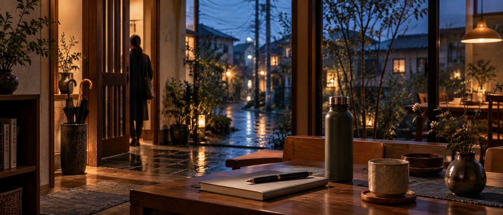 Long everyday forms in a quiet Japanese room and neighbourhood at blue hour
