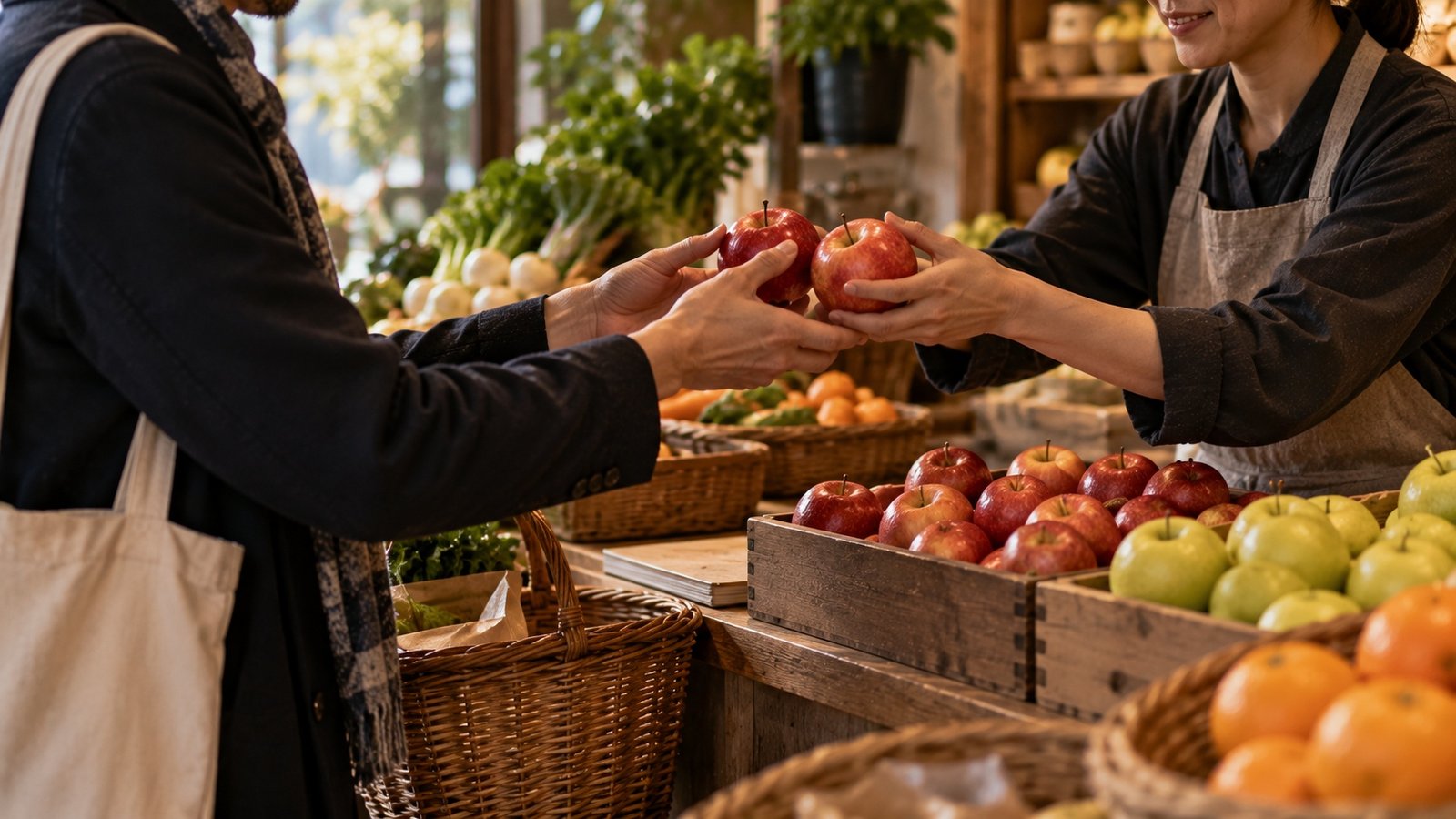 Two apples being selected in a Japanese neighbourhood shop