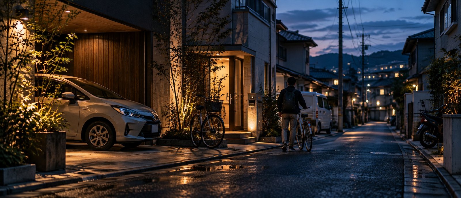 Car bicycles and everyday machines in a quiet Japanese neighbourhood