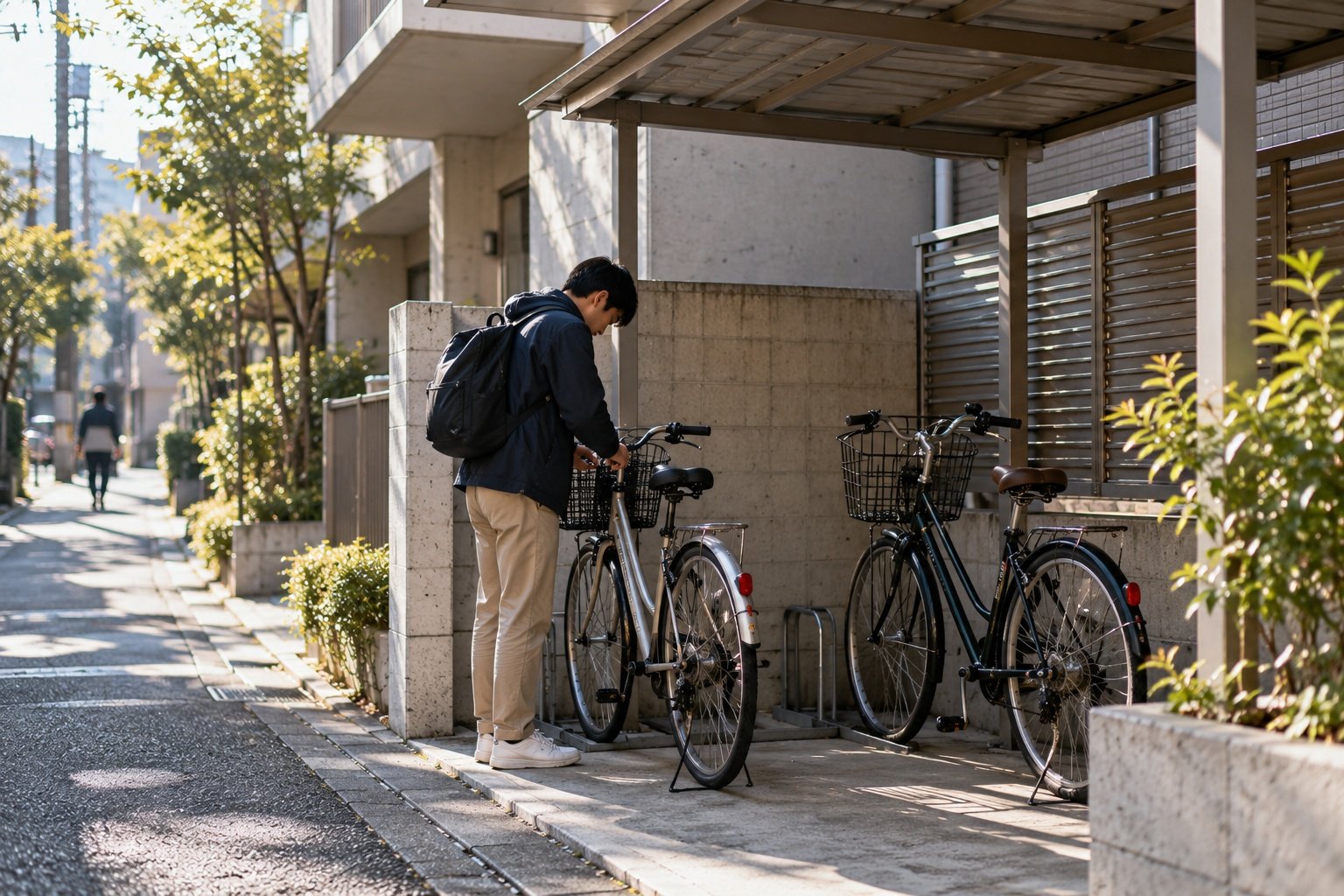 Two bicycles in an ordinary Japanese neighbourhood bicycle parking area