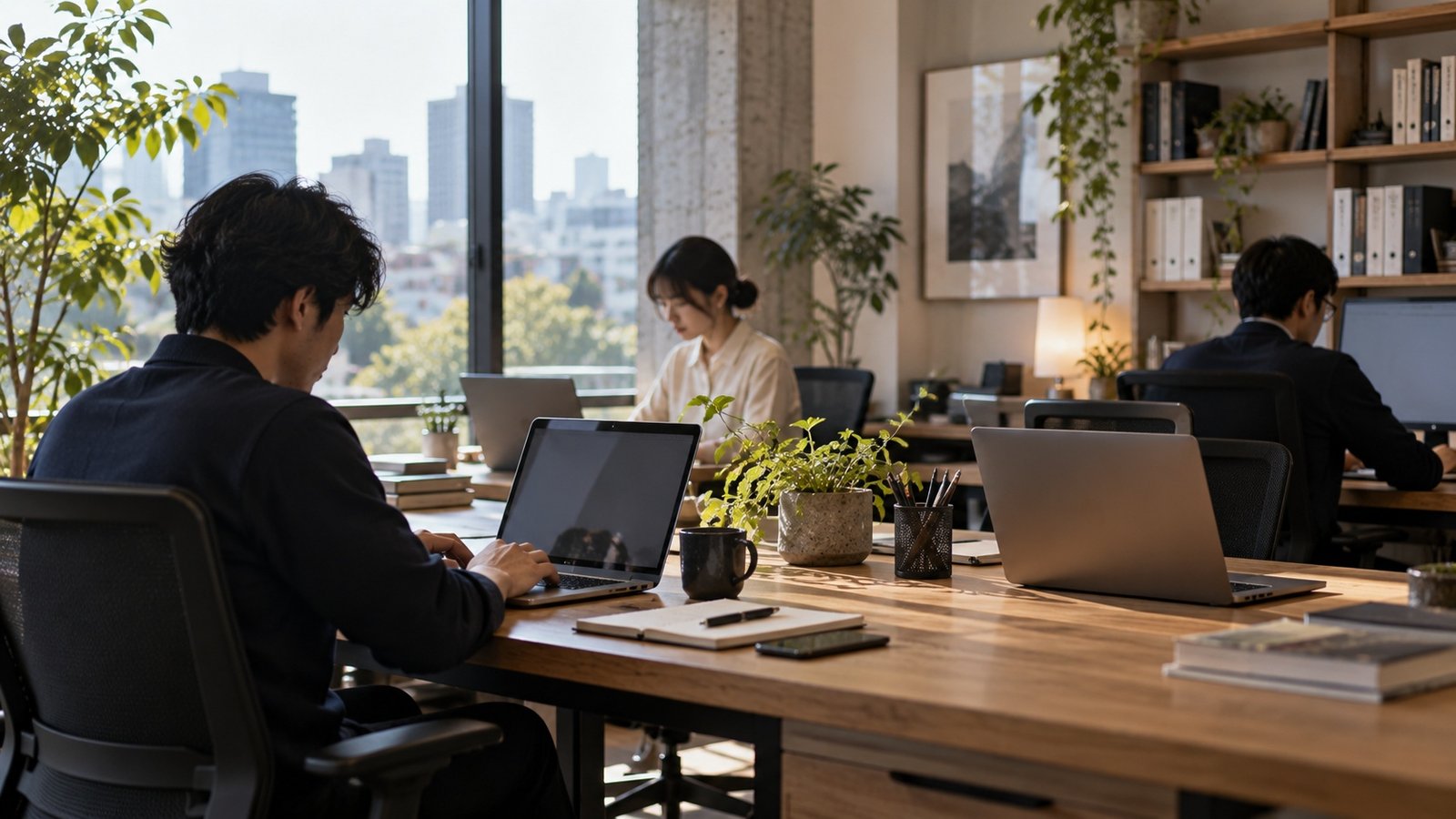 Several computers being used in an ordinary Japanese workplace