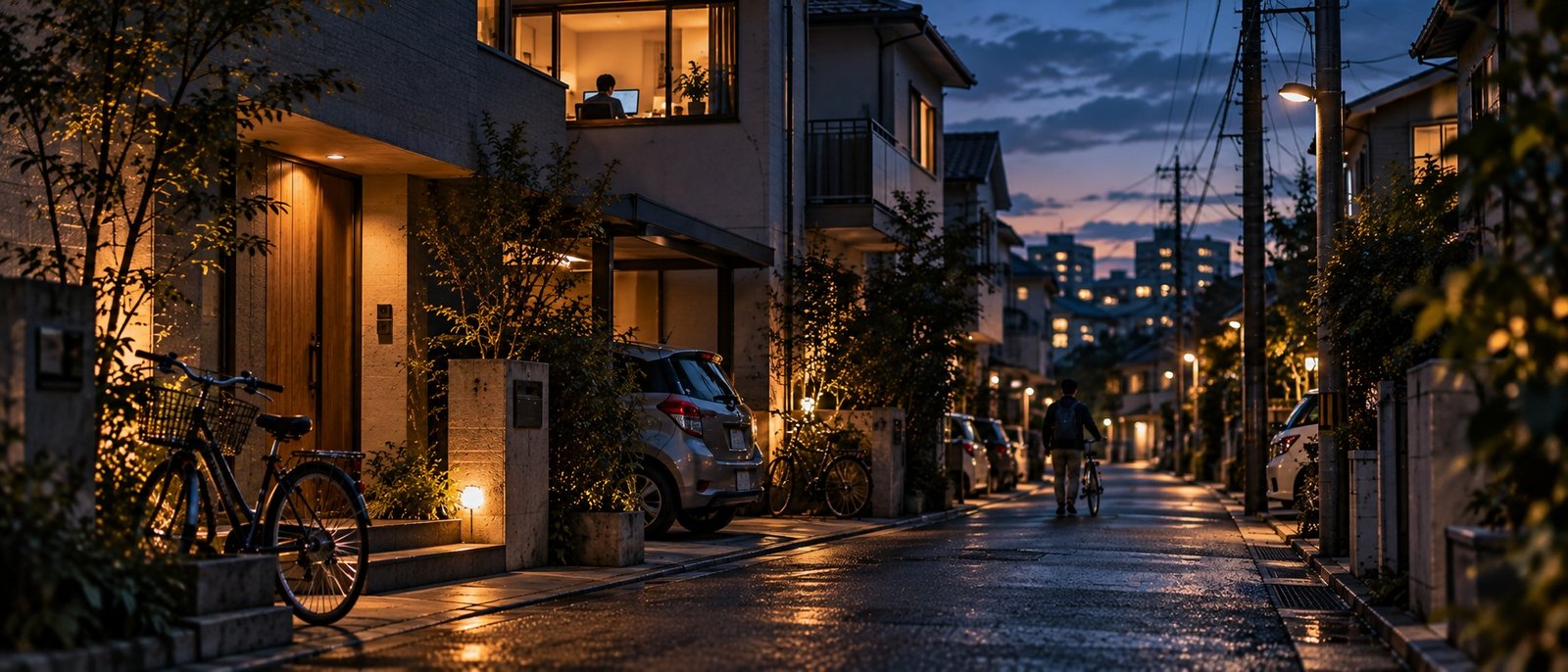 Car bicycle and warm apartment windows in an ordinary Japanese neighbourhood at blue hour