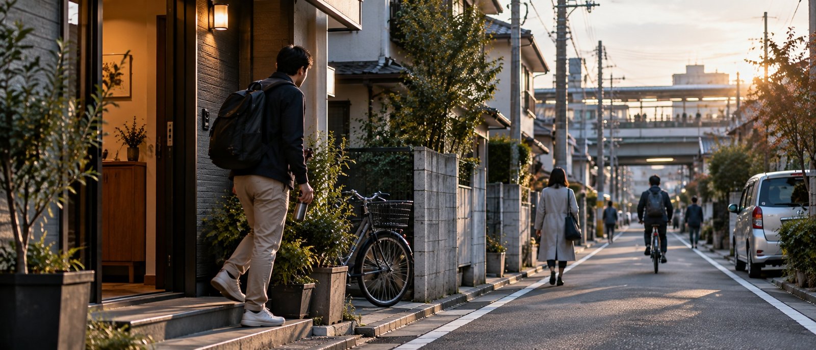 An ordinary Japanese neighbourhood beginning to move on a weekday morning