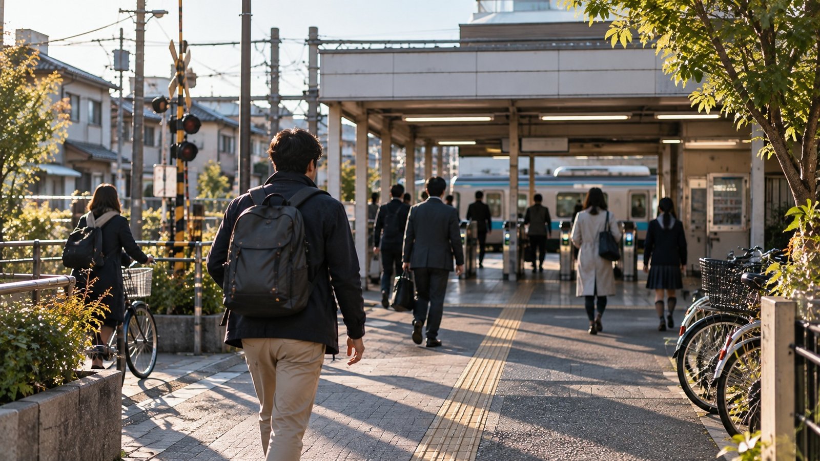 An adult walking toward an ordinary Japanese neighbourhood railway station
