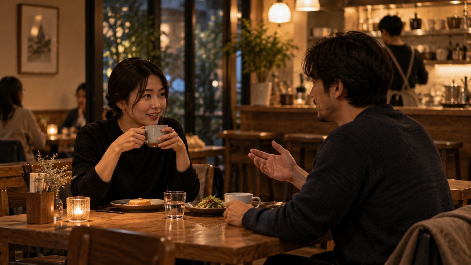 Two adults having a natural evening conversation over coffee and a simple meal